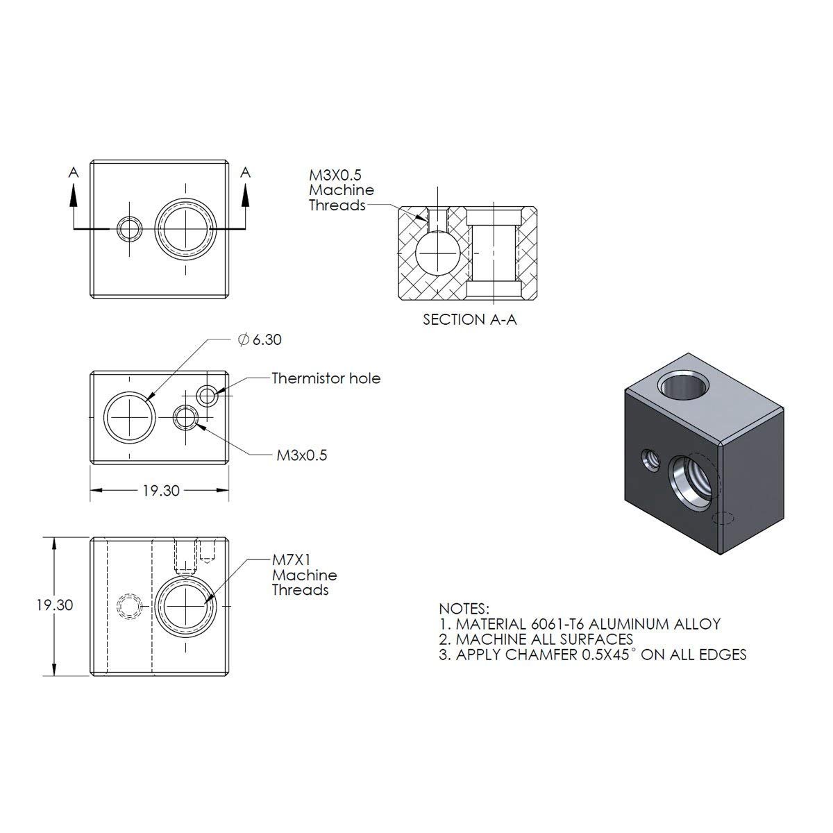 MK10 Aluminium heater block dimensions